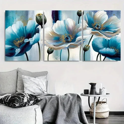 3pcs Blue White Poppy Botanical Floral Wall Art Set Canvas Unframed - High Quality Print 100% Australian Made Wall Canvas