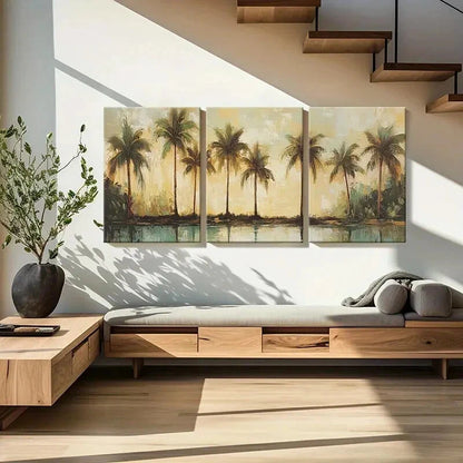 3pcs Tropical Palm Trees Sunset Reflection Metal Print Ready to Hang Art