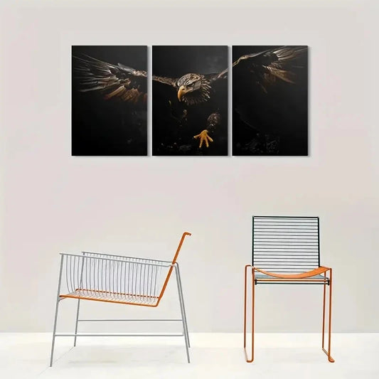 3pcs Dynamic Soaring Eagle Design in Black Golden Metal Print Ready to Hang Art