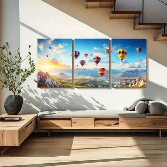 3pcs Vibrant Hot Air Balloon Mountain   Wall Art Set Canvas Framed 40x60cm - High Quality Print 100% Australian Made Wall Canvas Ready to Hang