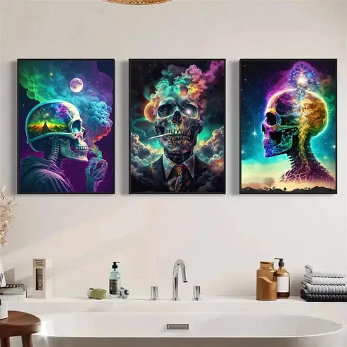 3pcs Vibrant Cosmic & Skeleton Wall Art Canvas Unframed - High Quality Print 100% Australian Made Wall Canvas