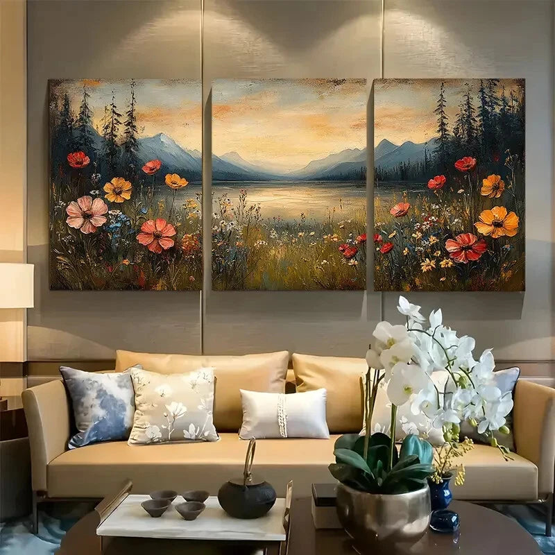 3pcs Country Moody Wildflower Field Metal Print Ready to Hang Art