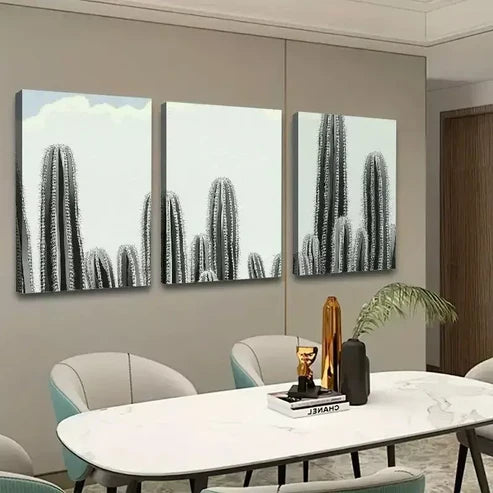 3pcs Cactus Black & White Abstract Canvas Framed 60x90cm - High Quality Print 100% Australian Made Wall Canvas Ready to Hang
