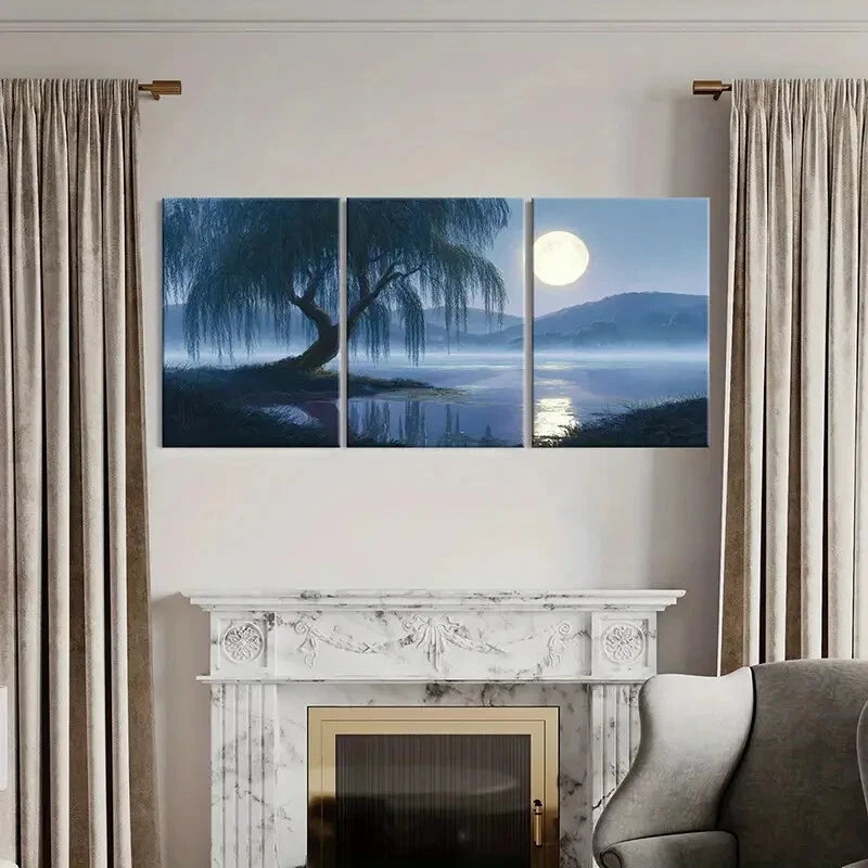 3pcs Serene Lake Reflection Full Moon Glow Metal Print Ready to Hang Art