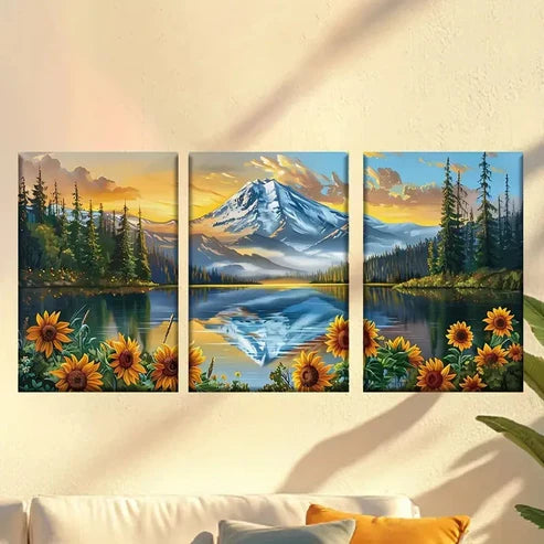 3pcs Sunflowers, lakes and snow-capped mountains Wall Art Set Canvas Unframed - High Quality Print 100% Australian Made Wall Canvas