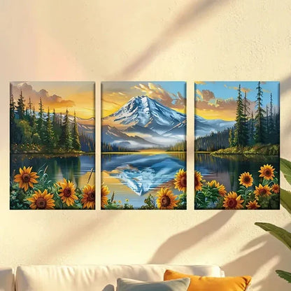 3pcs Sunflowers, lakes and snow-capped mountains Wall Art Set Canvas Unframed - High Quality Print 100% Australian Made Wall Canvas
