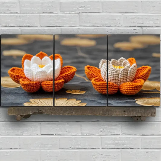 3pcs Water Lily Trio Golden White Metal Print Ready to Hang Art