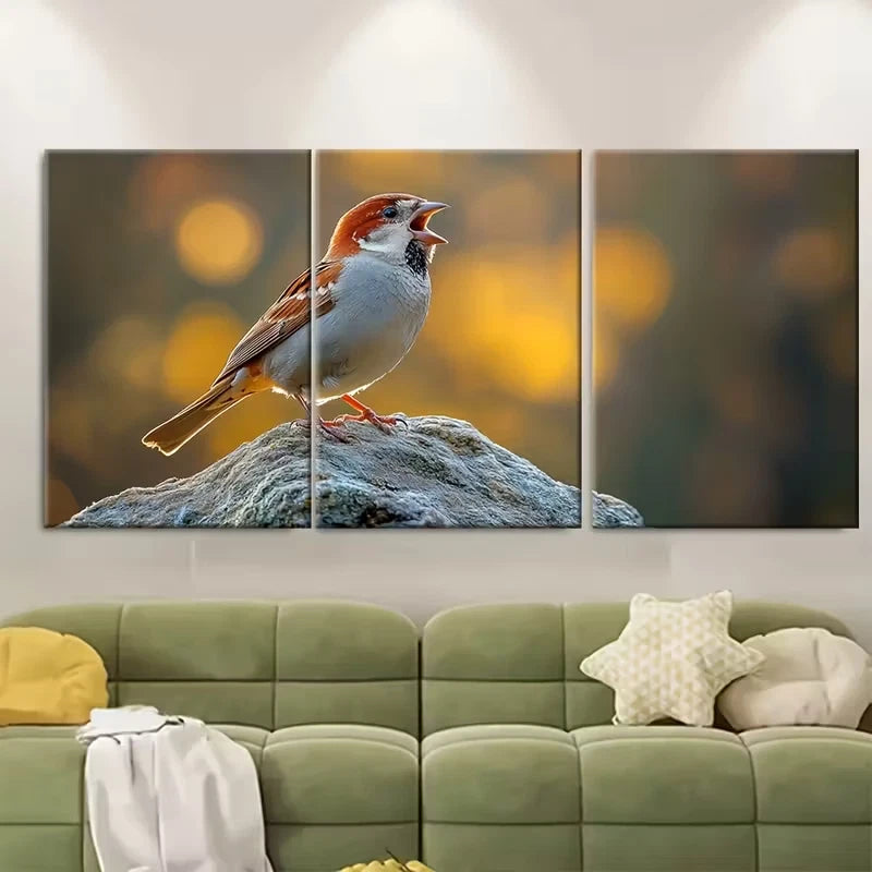3pcs Perched Sparrow Bird Singing Metal Print Ready to Hang Art