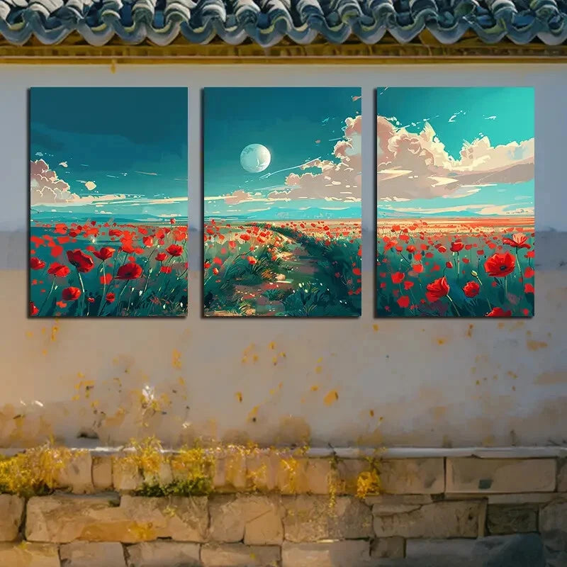 3pcs Vibrant Floral Fields and Moonlit Sky Metal Print Ready to Hang Art