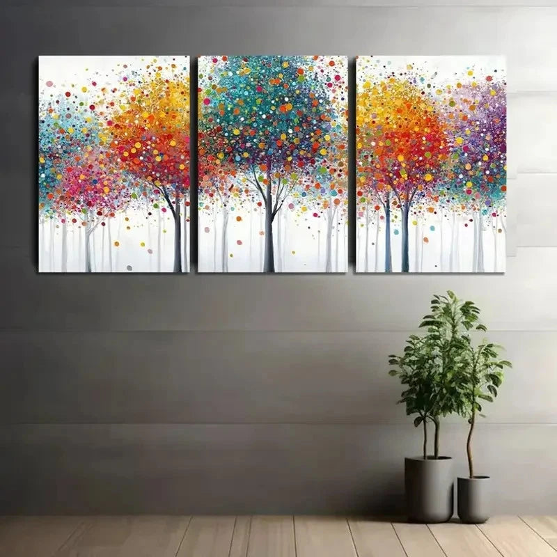 3pcs Vibrant Abstract Tree Painting with Colorful Metal Print Ready to Hang Art