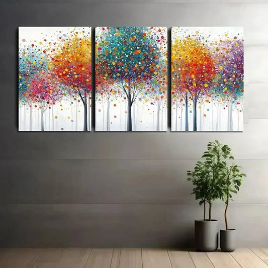 3pcs Vibrant Abstract Tree Painting with Colorful Metal Print Ready to Hang Art