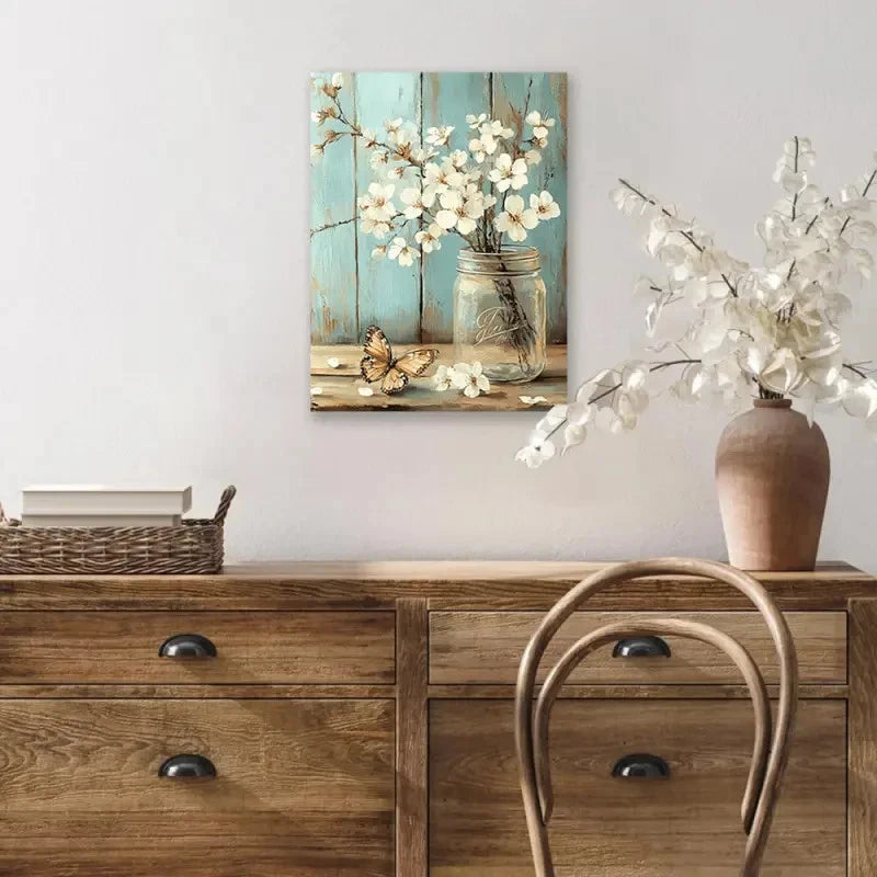 Beautiful Serene Mason Jar & Butterfly Painting 40x60cm Metal Print Ready to Hang