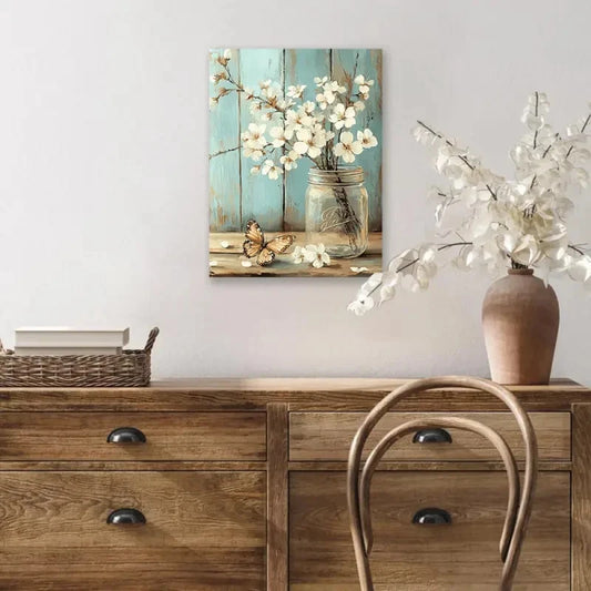 Beautiful Serene Mason Jar & Butterfly Painting 40x60cm Metal Print Ready to Hang