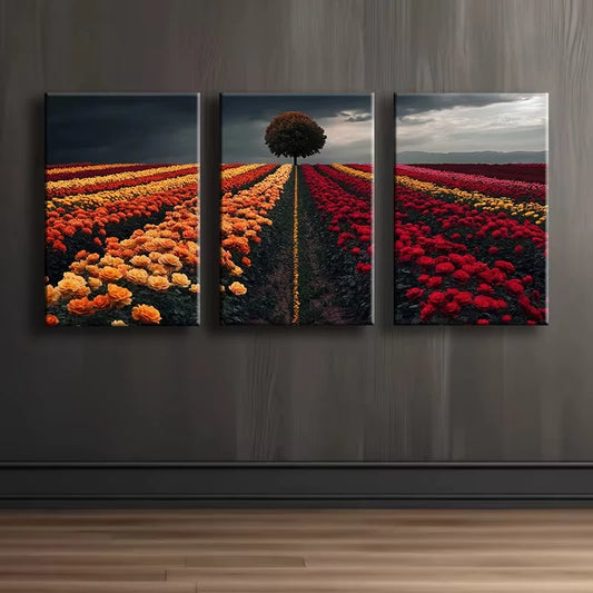 3pcs Charming Flower Fields Illustration Wall Art Set Canvas Framed 60x90cm - High Quality Print 100% Australian Made Wall Canvas Ready to Hang