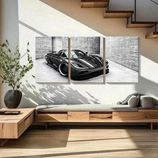 3pcs Modern Black Super Car in the Snow Wall Art Set Canvas Framed 40x60cm - High Quality Print 100% Australian Made Wall Canvas Ready to Hang