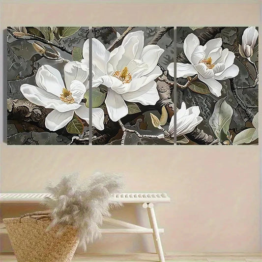3pcs White Magnolia Triptych Wall Art Set Canvas Framed 40x60cm - High Quality Print 100% Australian Made Wall Canvas Ready to Hang