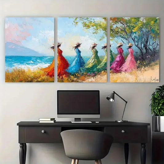 3pcs Ladies Impressionist Painting Landscape Wall Art Set Canvas Framed 60x90cm - High Quality Print 100% Australian Made Wall Canvas Ready to Hang