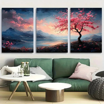 3pcs Featuring Pink Trees & Serene Mountain Scene Metal Print Ready to Hang Art