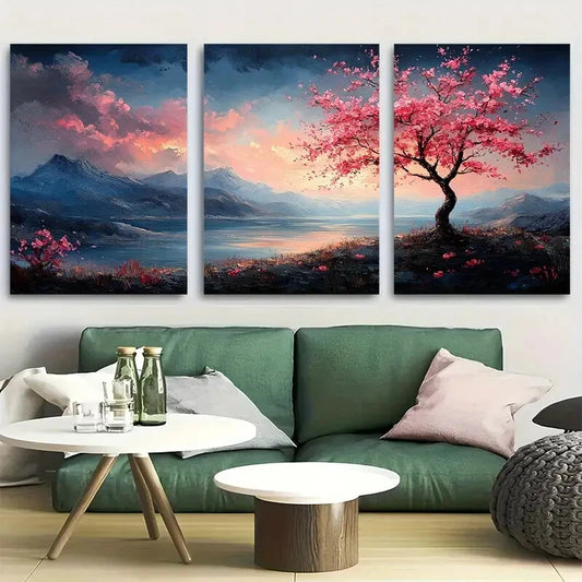 3pcs Featuring Pink Trees & Serene Mountain Scene Metal Print Ready to Hang Art
