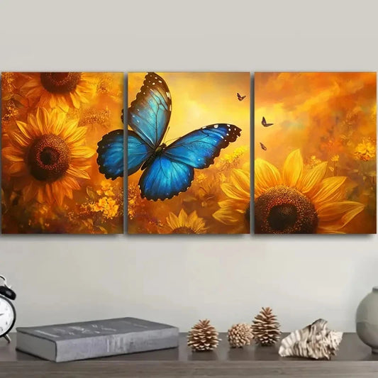 3pcs Sunflower and Blue Butterfly Metal Print Ready to Hang Art
