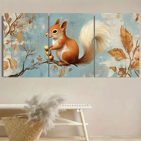 3pcs Charming Squirrel with Golden Acorns Wall Art Set Canvas Unframed - High Quality Print 100% Australian Made Wall Canvas