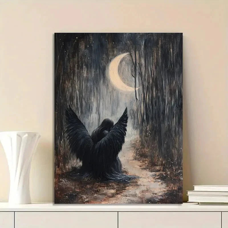 Angel With Black Wings In the Woods Under Crescent 40x60cm Metal Print Ready to Hang