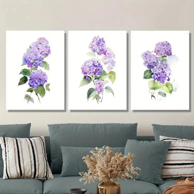 3pcs Purple Hydrangea Purple Hydrangea Metal Print Ready to Hang Art