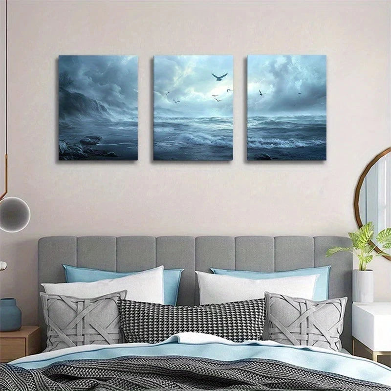 3pcs Dramatic Blue Ocean Waves & Seagulls Metal Print Ready to Hang Art