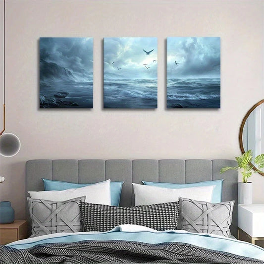 3pcs Dramatic Blue Ocean Waves & Seagulls Metal Print Ready to Hang Art