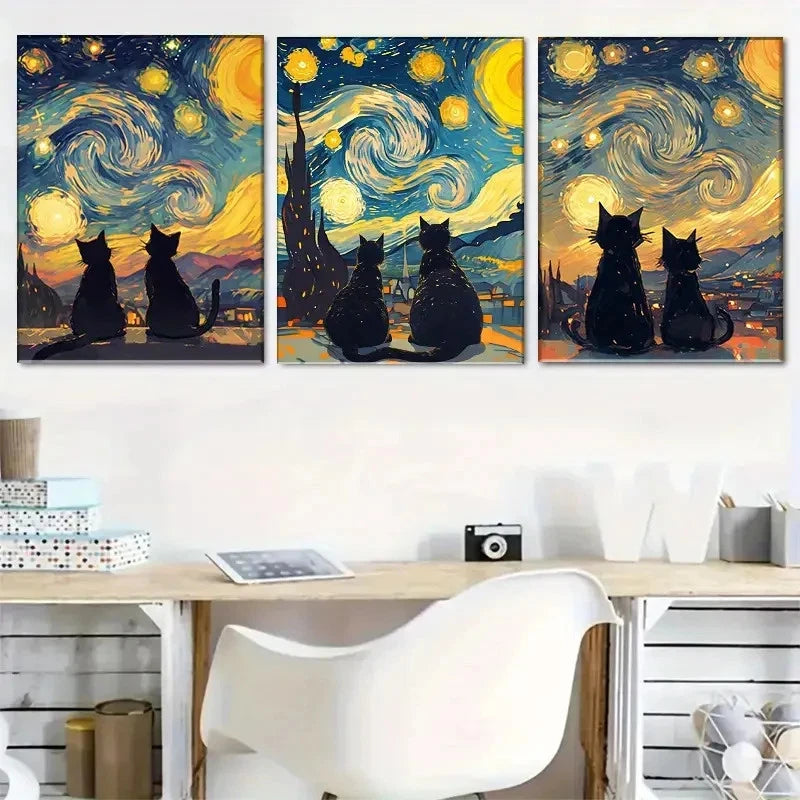 3pcs Starry Cat Night Scene Painting Metal Print Ready to Hang Art