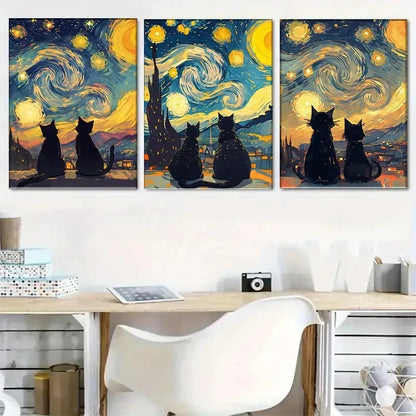3pcs Starry Cat Night Scene Painting Metal Print Ready to Hang Art