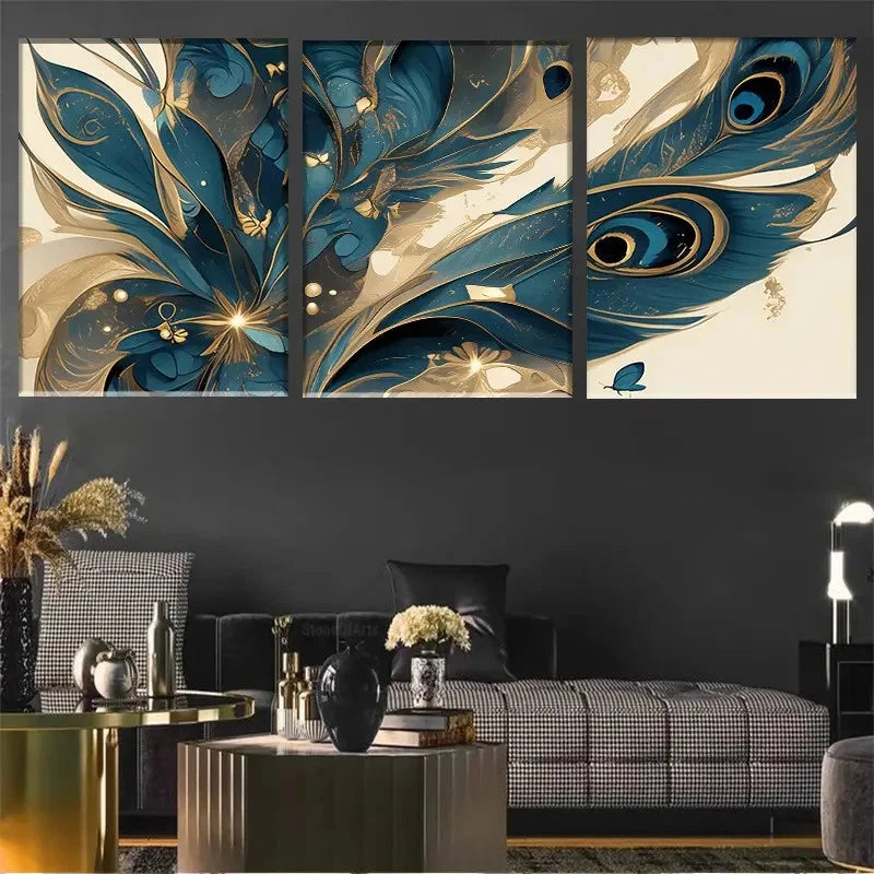 3pcs Peacock Feather Wall Art Print Metal Print Ready to Hang Art