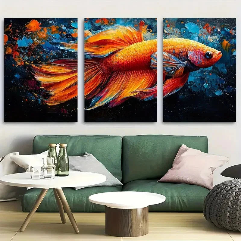 3pcs Vibrant Betta Fish Flowing Design Metal Print Ready to Hang Art