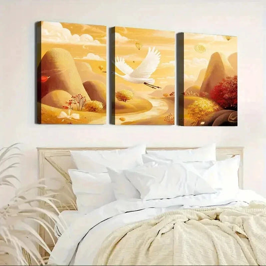 3pcs Landscape with White Swan & Sunlit Sky Wall Art Set Canvas Framed 40x60cm - High Quality Print 100% Australian Made Wall Canvas Ready to Hang