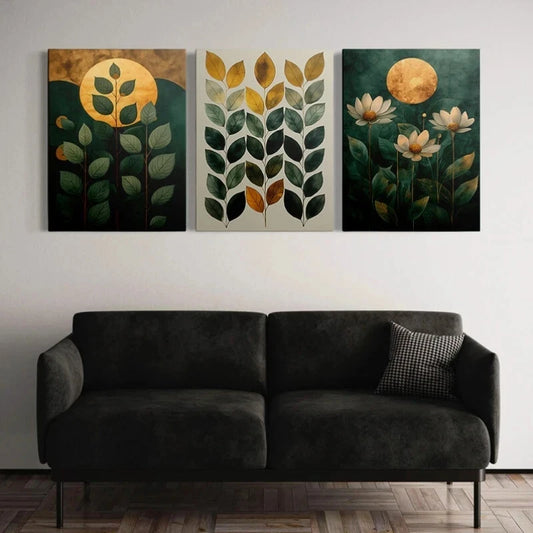 3pcs Modern Glam Botanical Floral Green Golden Metal Print Ready to Hang Art