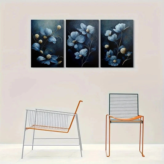 3pcs Blue Floral Modern Abstract Metal Print Ready to Hang Art