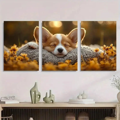 3pcs Adorable Sleeping Puppy Flowers Metal Print Ready to Hang Art
