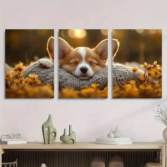 3pcs Adorable Sleeping Puppy Flowers Metal Print Ready to Hang Art