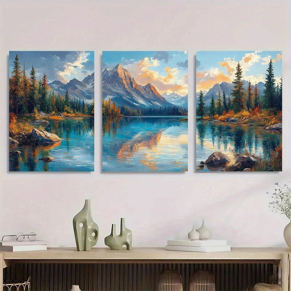 3pcs Serene Lake View Vibrant Mountain & Forest Metal Print Ready to Hang Art