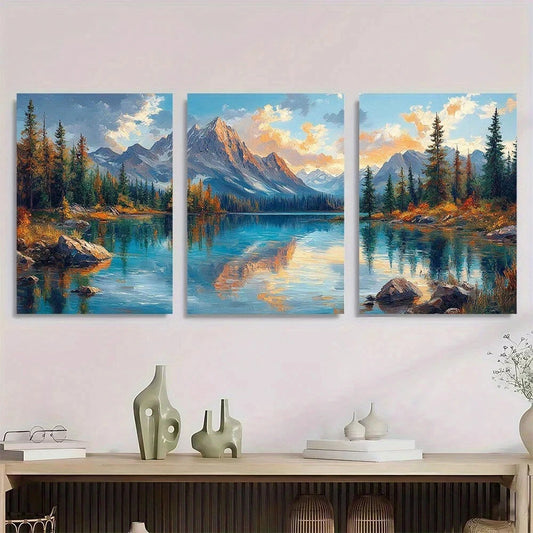 3pcs Serene Lake View Vibrant Mountain & Forest Metal Print Ready to Hang Art