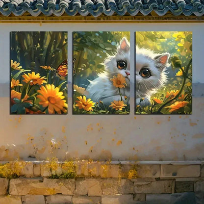 3pcs Vibrant Little White Cat with Butterfly  Metal Print Ready to Hang Art