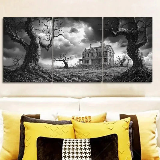 3pcs Haunted House & Dead Tree Metal Print Ready to Hang Art