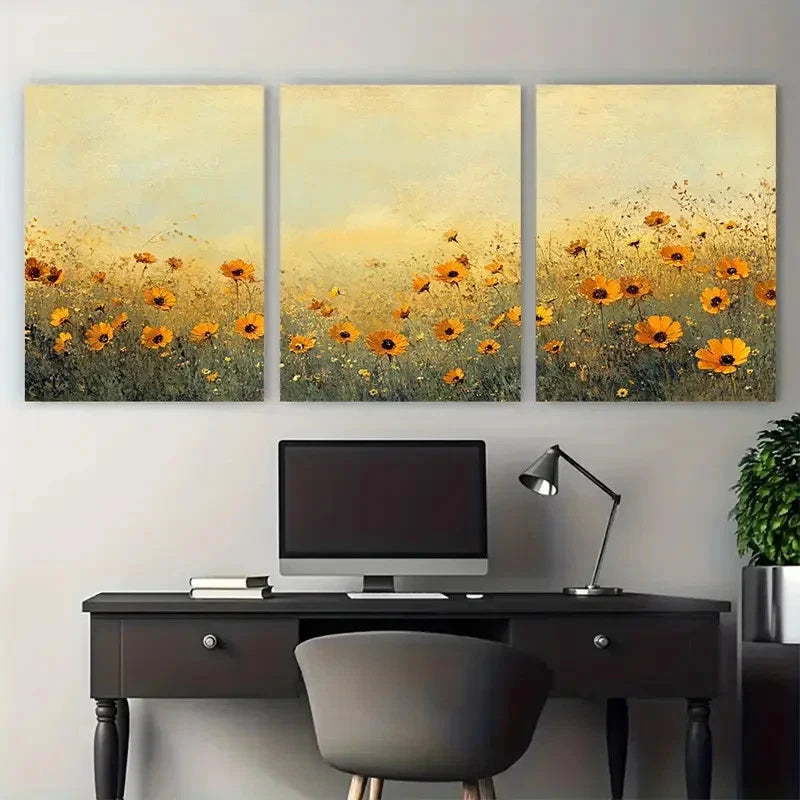 3pcs Field of Golden Vintage Wildflower Field Wall Art Set Canvas Framed 40x60cm - High Quality Print 100% Australian Made Wall Canvas Ready to Hang