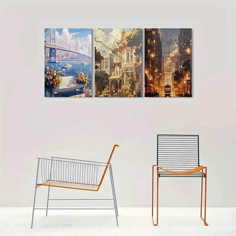 3pcs Vibrant Cityscape with Flowers & Boats Metal Print Ready to Hang Art