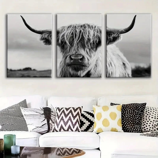 3pcs highland cattle black and white Metal Print Ready to Hang Art