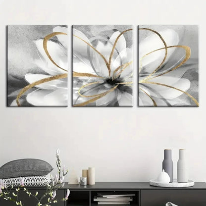 3pcs Flowers Abstract Designs with Golden Lines Metal Print Ready to Hang Art