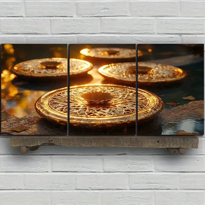 3pcs Fallen Leaves And Lotus Pods Golden Metal Print Ready to Hang Art