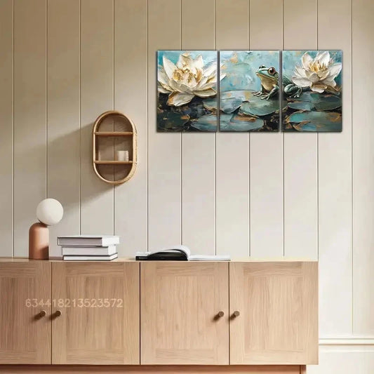 3pcs Abstract Water Lily & Frog Design Metal Print Ready to Hang Art