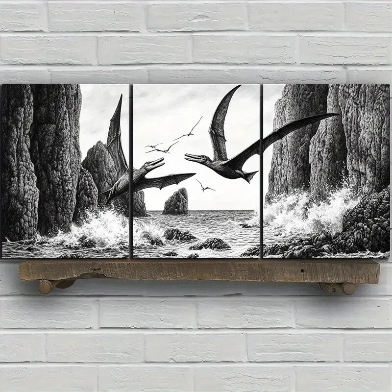 3pcs Dragons Flying On The Coast Beach Metal Print Ready to Hang Art