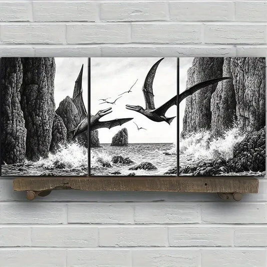 3pcs Dragons Flying On The Coast Beach Metal Print Ready to Hang Art